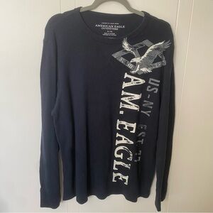 American Eagle Outfitters Men's Dark Blue Graphic Long Sleeve Tee